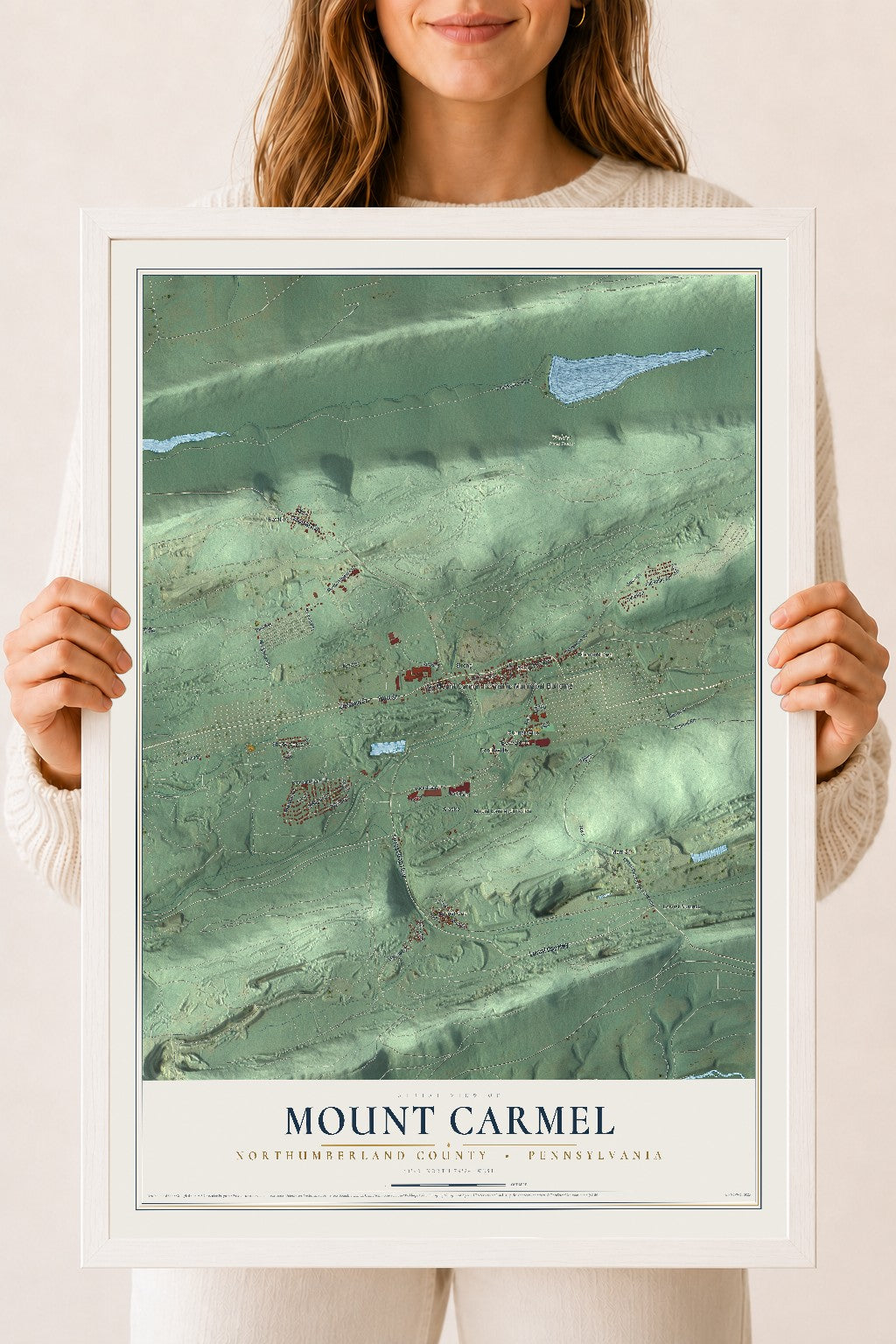 Map of Mount Carmel, Northumberland County, Pennsylvania, 18 x 24 inch print in a white wood frame