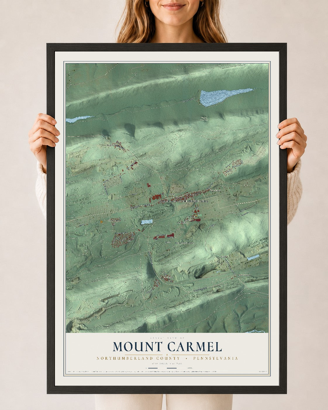 Map of Mount Carmel, Northumberland County, Pennsylvania, 24 x 36 inch print in a black wood frame