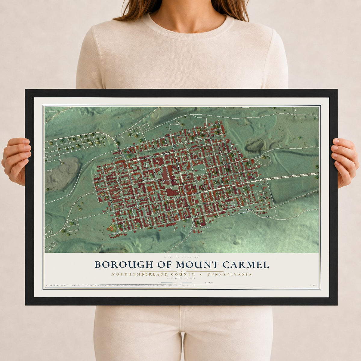 Map of the Borough of Mount Carmel, Northumberland County, Pennsylvania, 12 x 18 inch print in a black wood frame