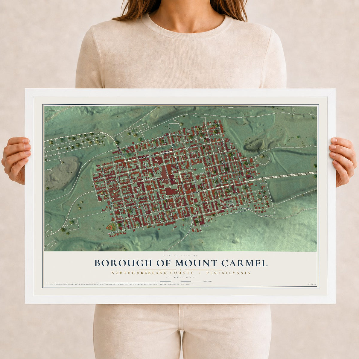 Map of the Borough of Mount Carmel, Northumberland County, Pennsylvania, 12 x 18 inch print in a white wood frame
