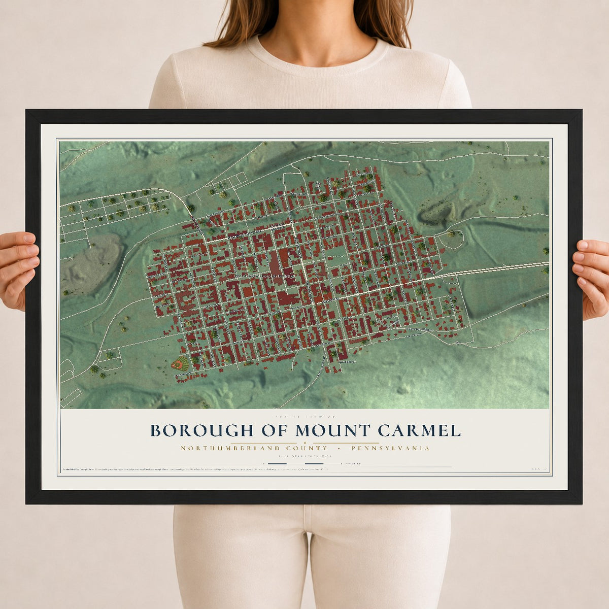 Map of the Borough of Mount Carmel, Northumberland County, Pennsylvania, 18 x 24 inch print in a black wood frame