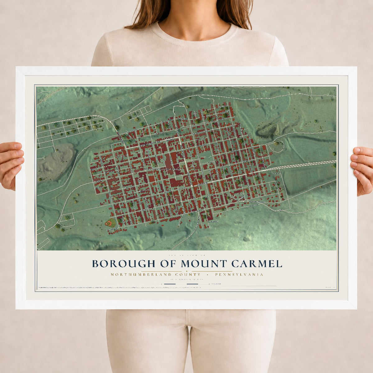 Map of the Borough of Mount Carmel, Northumberland County, Pennsylvania, 18 x 24 inch print in a white wood frame