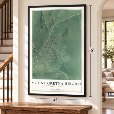Mount Gretna Heights, Pennsylvania map, 24 x 36 inch print in a black frame by a staircase