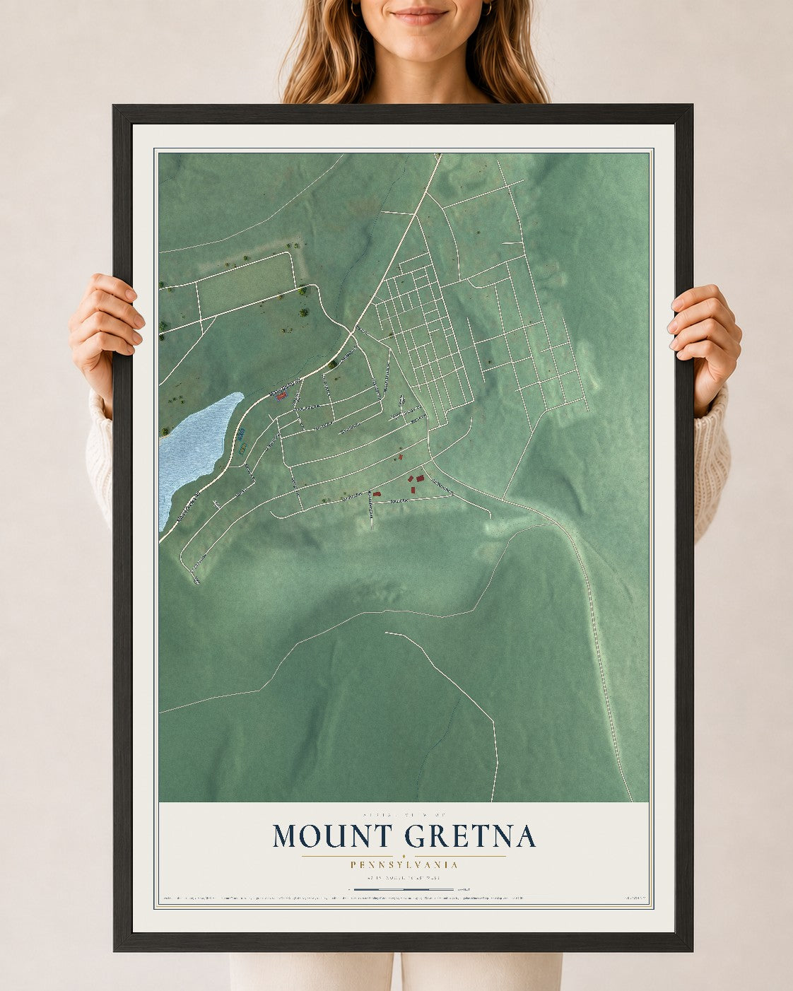 Map of Mount Gretna, Pennsylvania, 24 x 36 inch print in a black wood frame