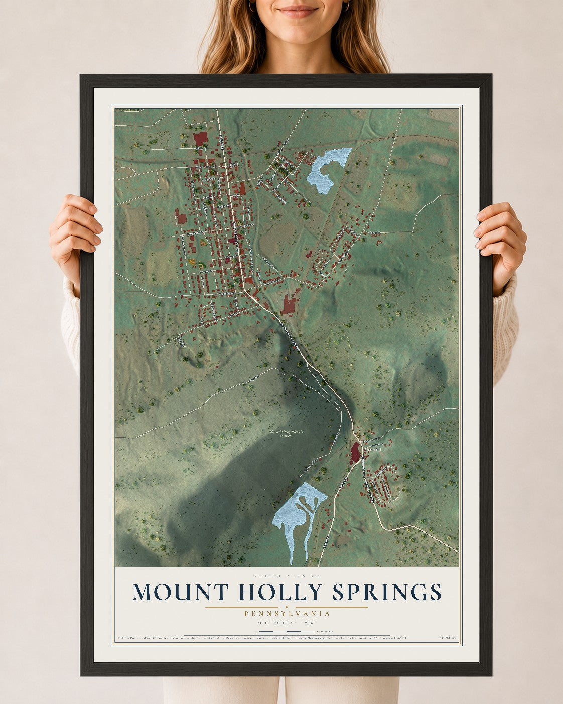 Map of Mount Holly Springs, Pennsylvania, 24 x 36 inch print in a black wood frame