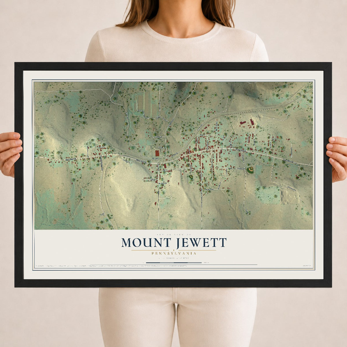 Map of Mount Jewett, Pennsylvania, 18 x 24 inch print in a black wood frame