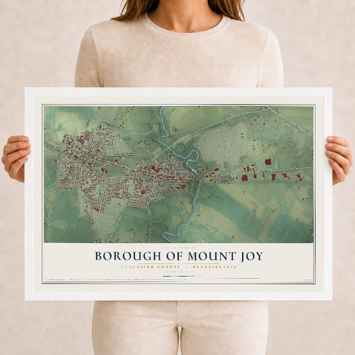 Map of the Borough of Mount Joy, Lancaster County, Pennsylvania, 12 x 18 inch print in a white wood frame