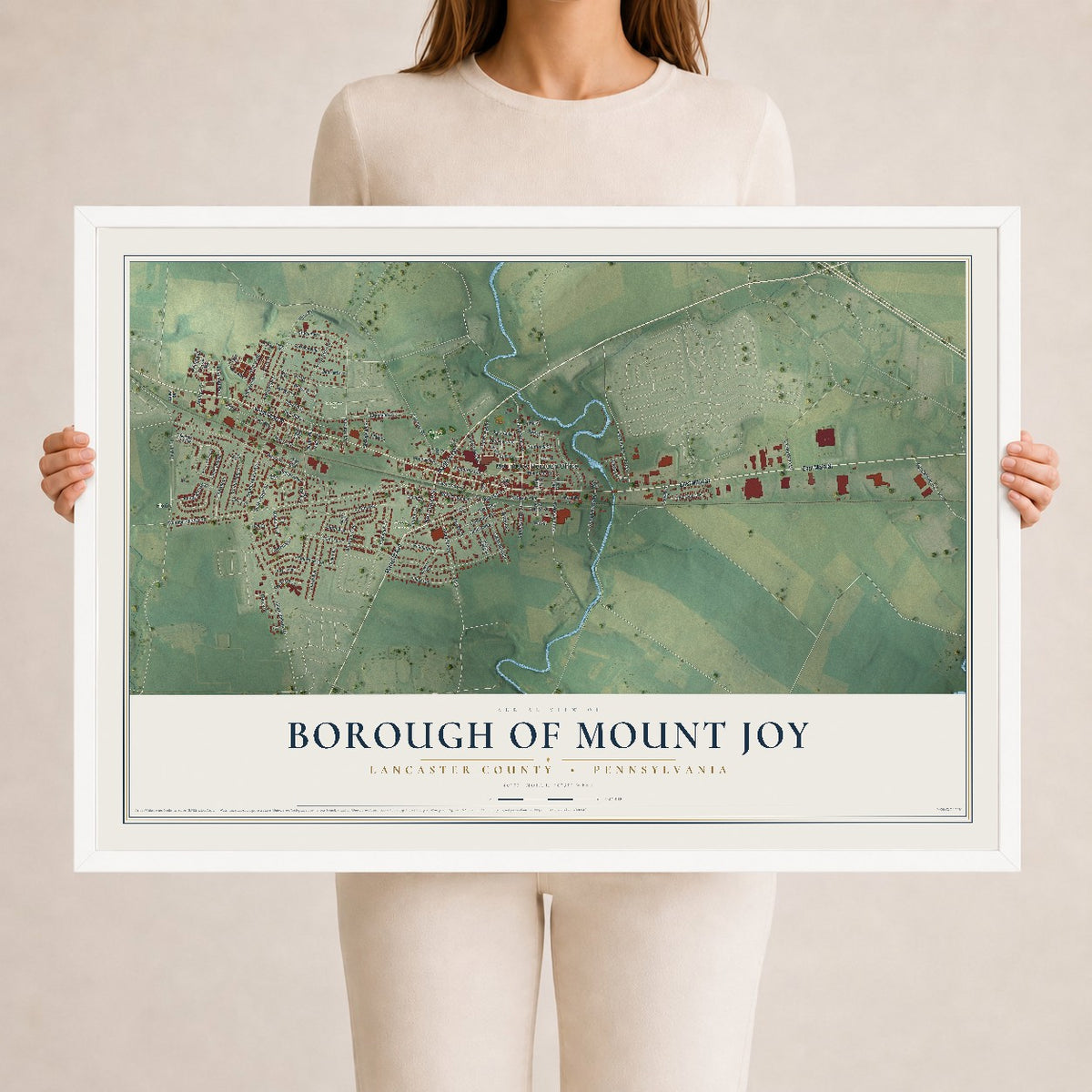 Map of the Borough of Mount Joy, Lancaster County, Pennsylvania, 24 x 36 inch print in a white wood frame
