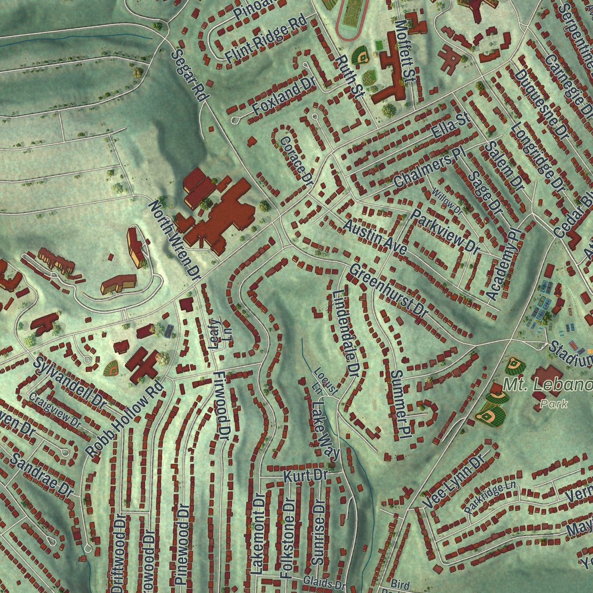 Second close-up of the map of Mount Lebanon, Pennsylvania print showing more streets and buildings