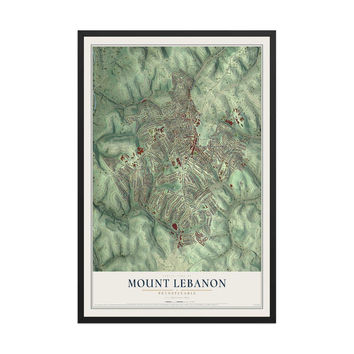 Map of Mount Lebanon, Pennsylvania, 12 x 18 inch print in a black wood frame