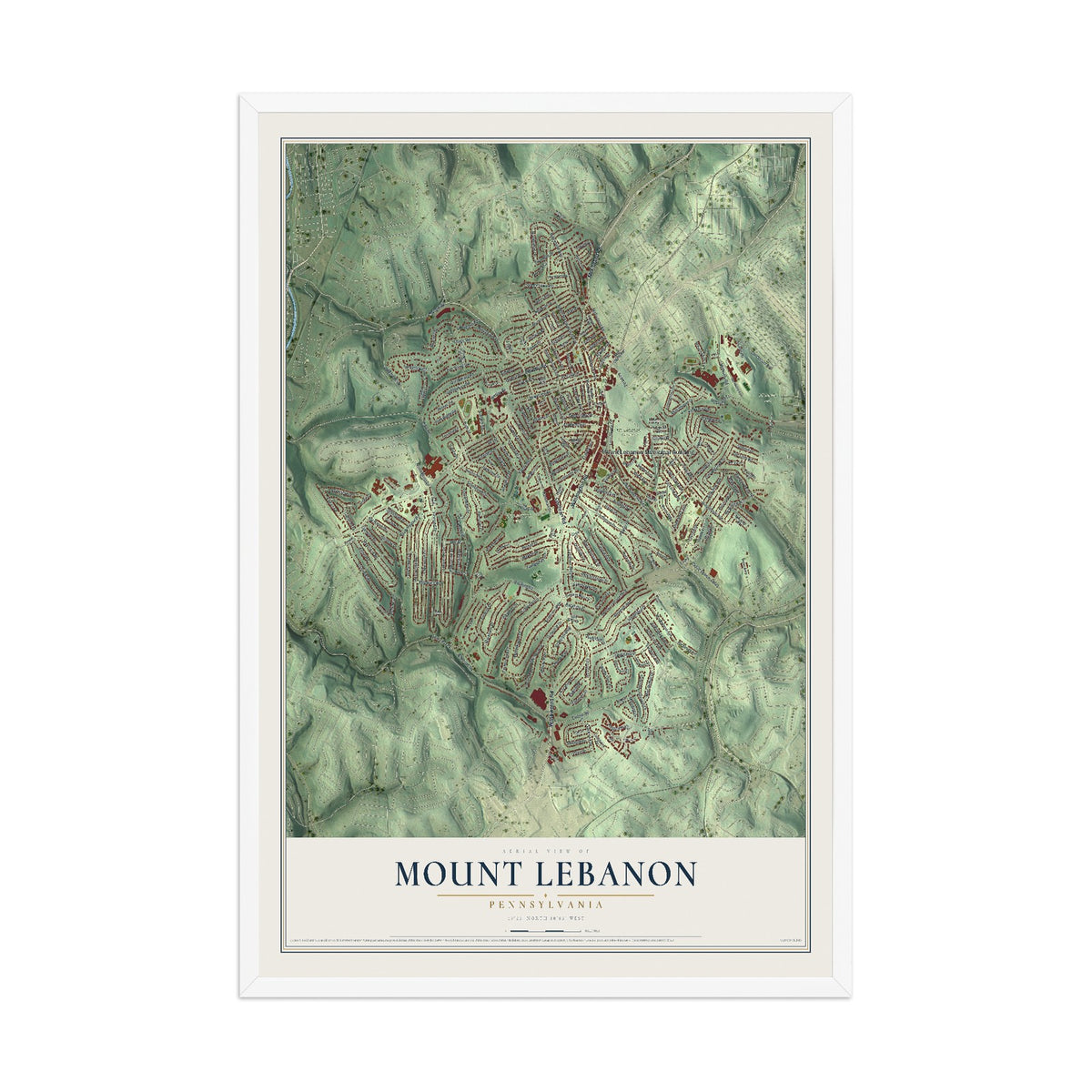 Map of Mount Lebanon, Pennsylvania, 12 x 18 inch print in a white wood frame