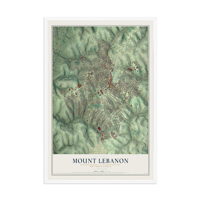 Map of Mount Lebanon, Pennsylvania, 12 x 18 inch print in a white wood frame