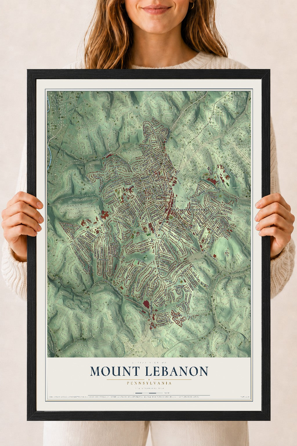 Map of Mount Lebanon, Pennsylvania, 18 x 24 inch print in a black wood frame