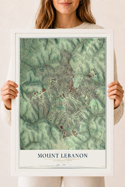 Map of Mount Lebanon, Pennsylvania, 18 x 24 inch print in a white wood frame