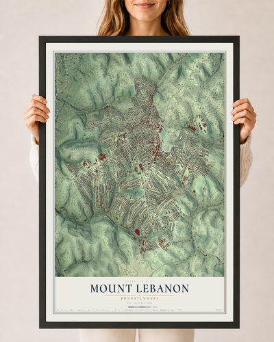 Map of Mount Lebanon, Pennsylvania, 24 x 36 inch print in a black wood frame