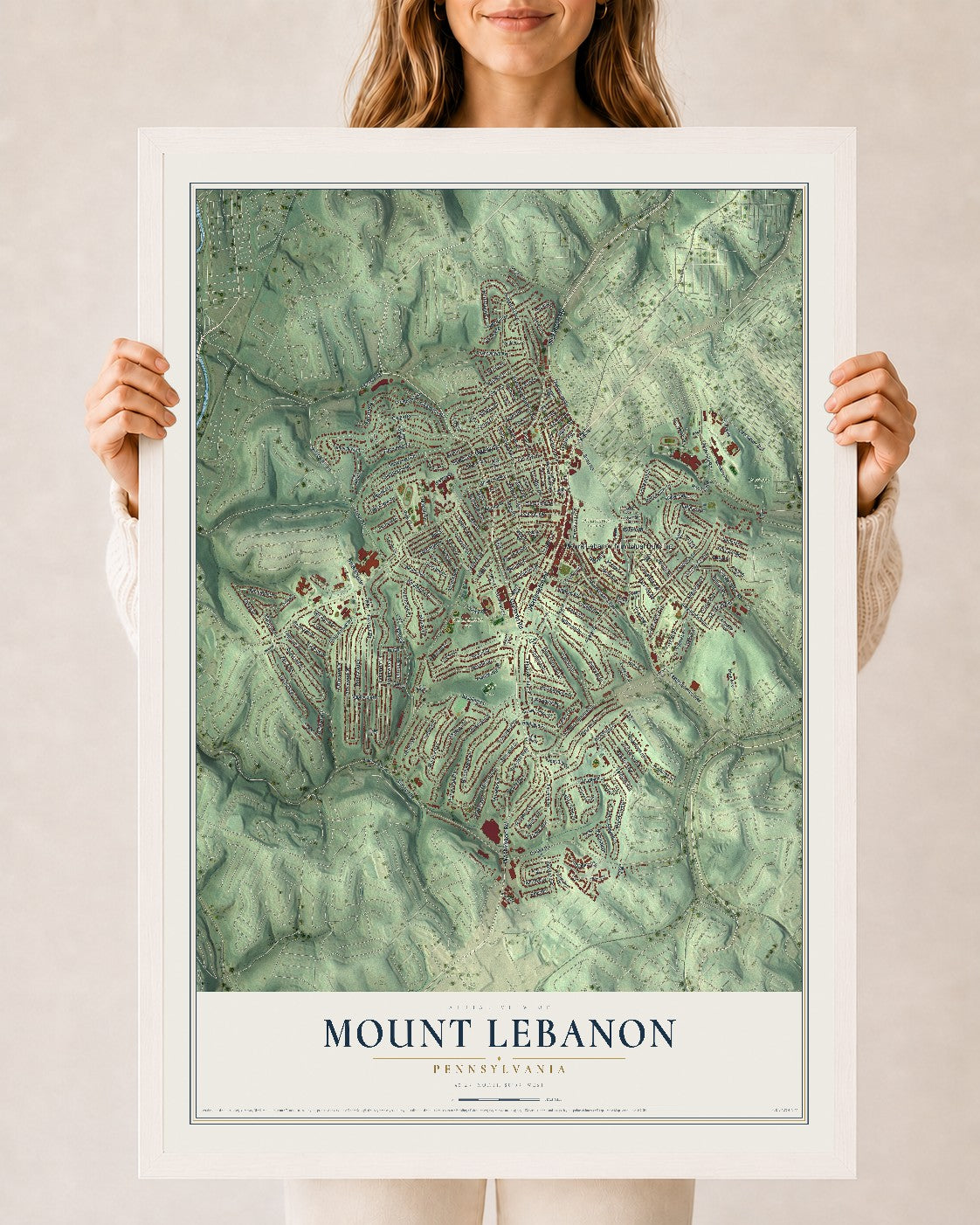Map of Mount Lebanon, Pennsylvania, 24 x 36 inch print in a white wood frame