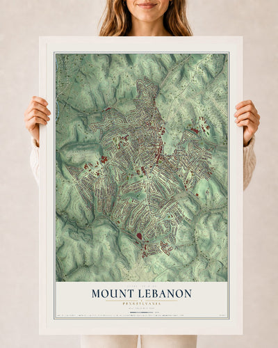 Map of Mount Lebanon, Pennsylvania, 24 x 36 inch print in a white wood frame