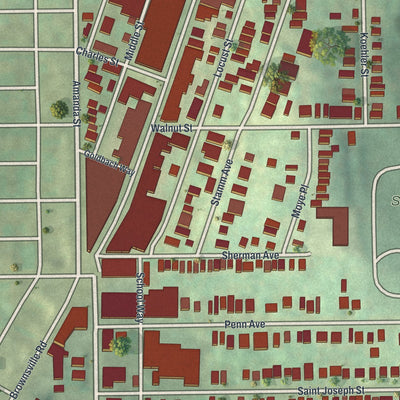 Second close-up of the map of Mount Oliver, Pennsylvania print showing more streets and buildings
