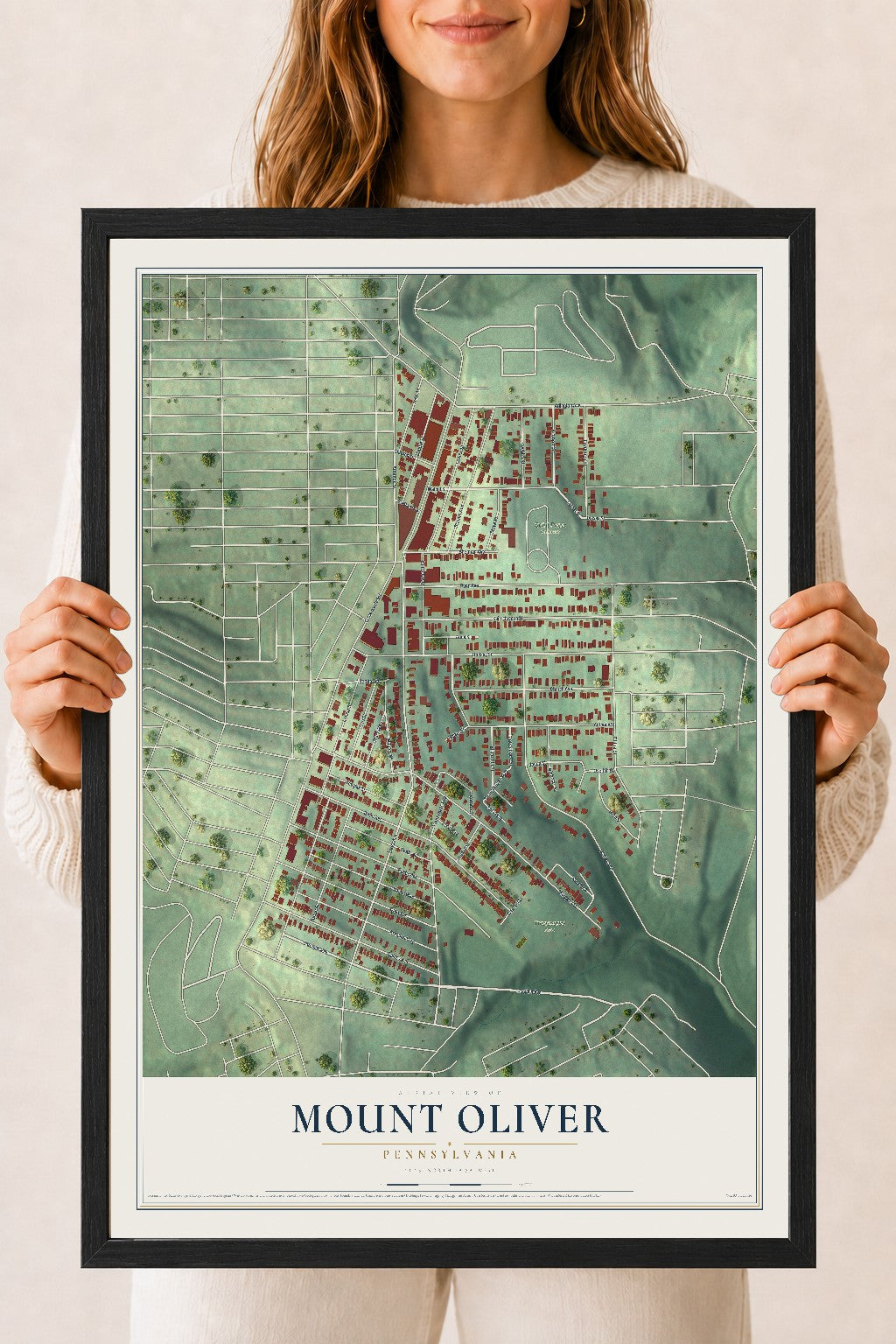 Map of Mount Oliver, Pennsylvania, 18 x 24 inch print in a black wood frame
