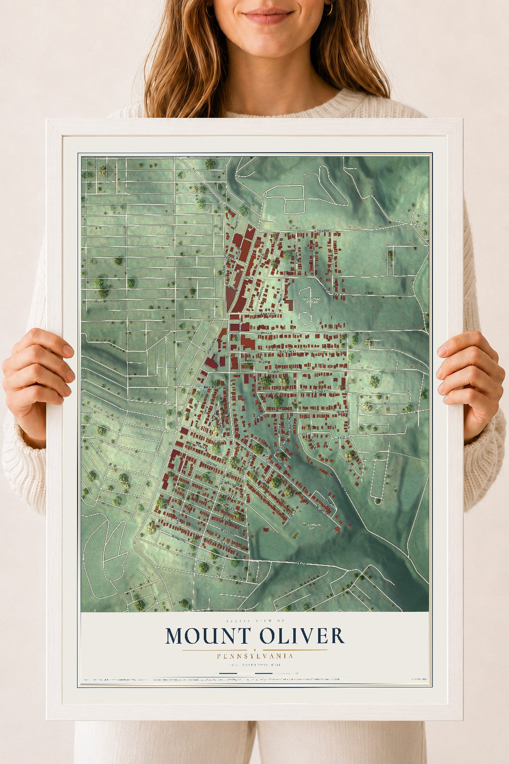 Map of Mount Oliver, Pennsylvania, 18 x 24 inch print in a white wood frame
