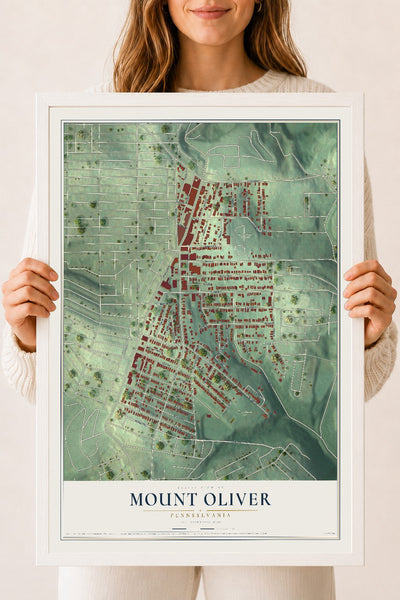 Map of Mount Oliver, Pennsylvania, 18 x 24 inch print in a white wood frame