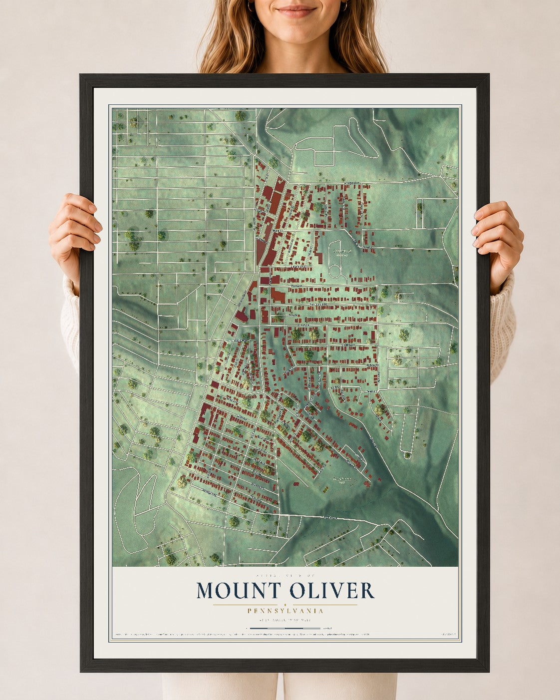 Map of Mount Oliver, Pennsylvania, 24 x 36 inch print in a black wood frame
