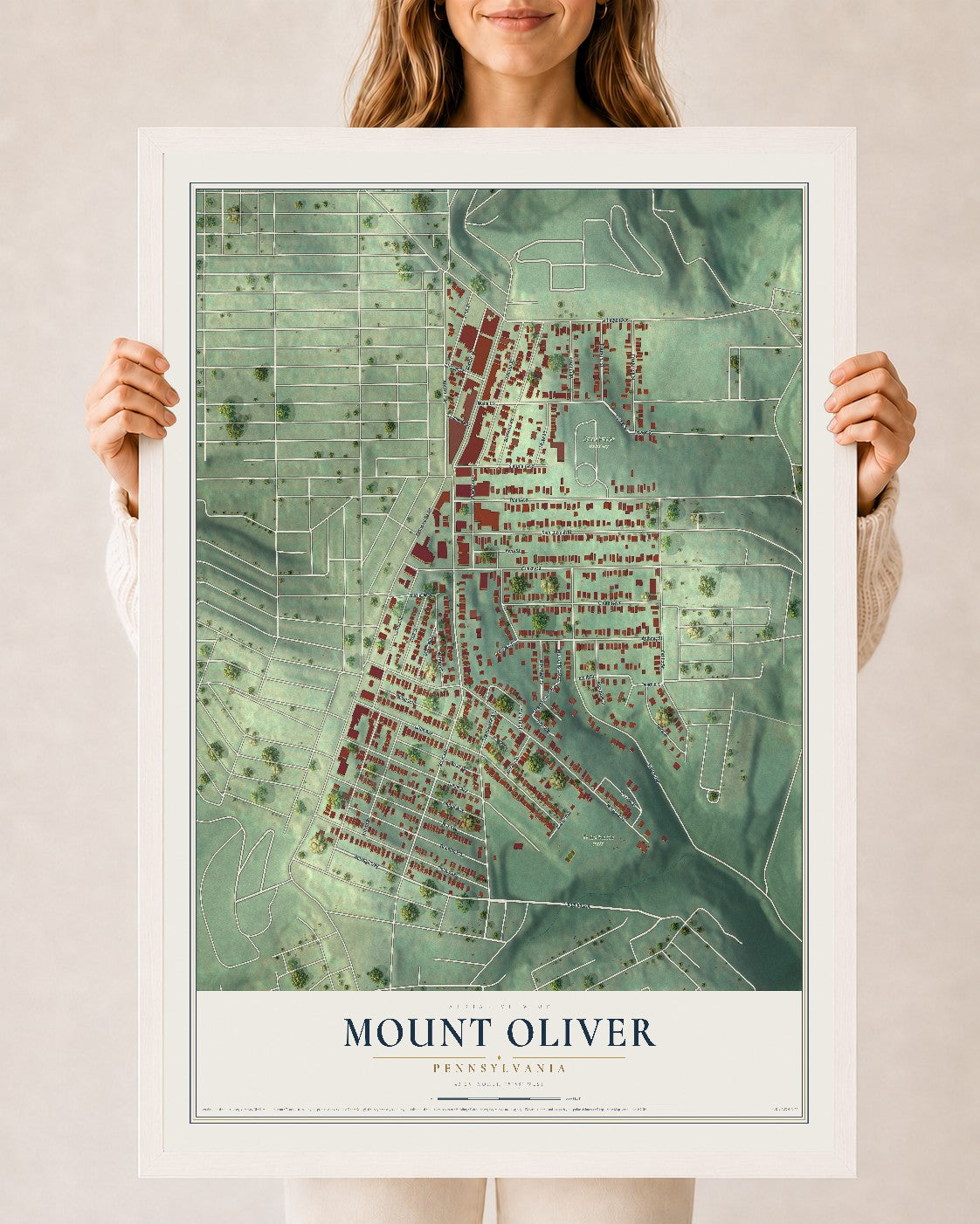 Map of Mount Oliver, Pennsylvania, 24 x 36 inch print in a white wood frame