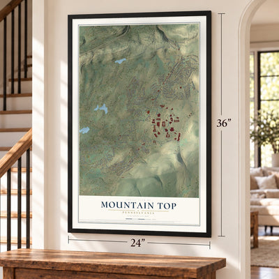 Mountain Top, Pennsylvania map, 24 x 36 inch print in a black frame by a staircase