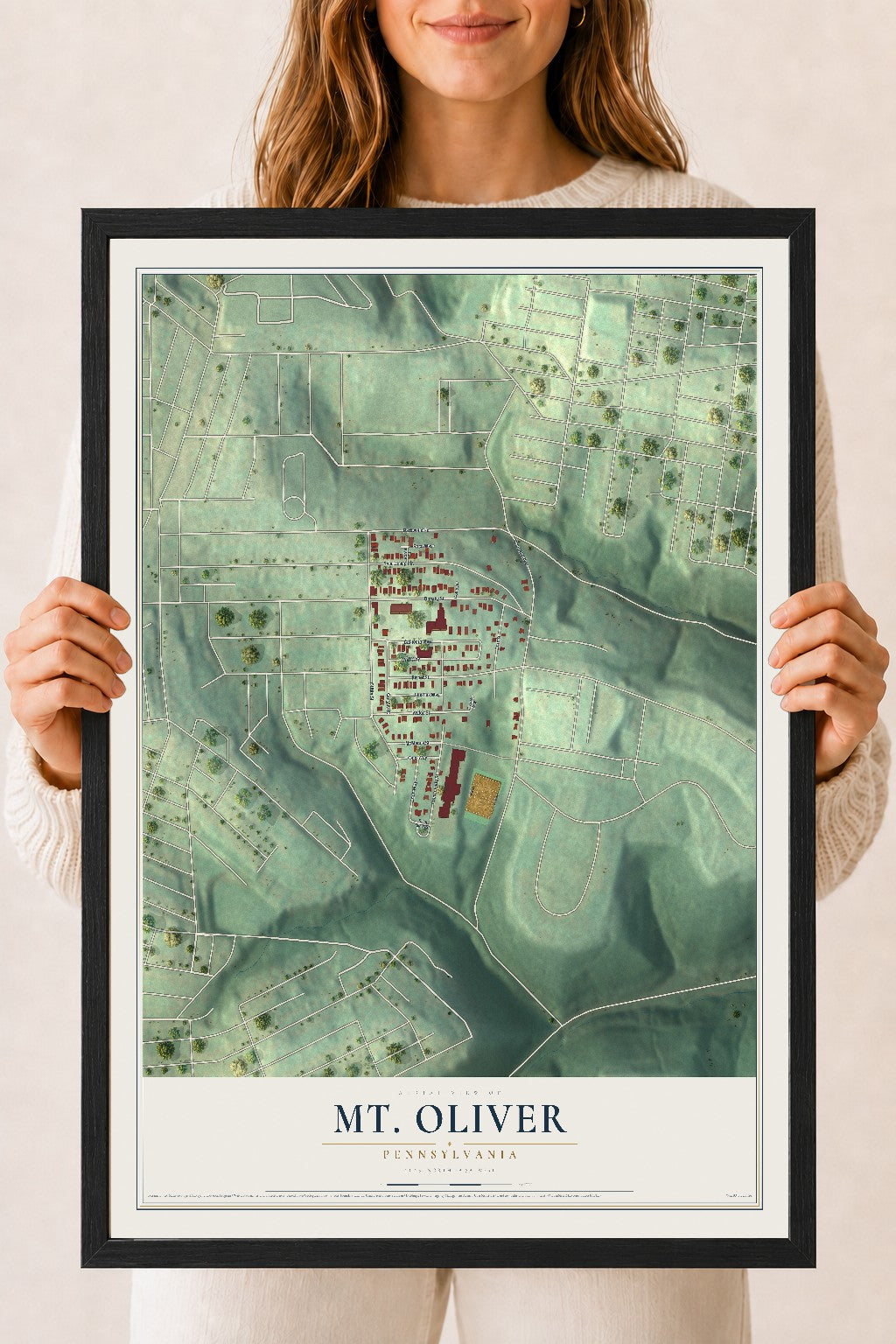 Map of Mt. Oliver, Pennsylvania, 18 x 24 inch print in a black wood frame