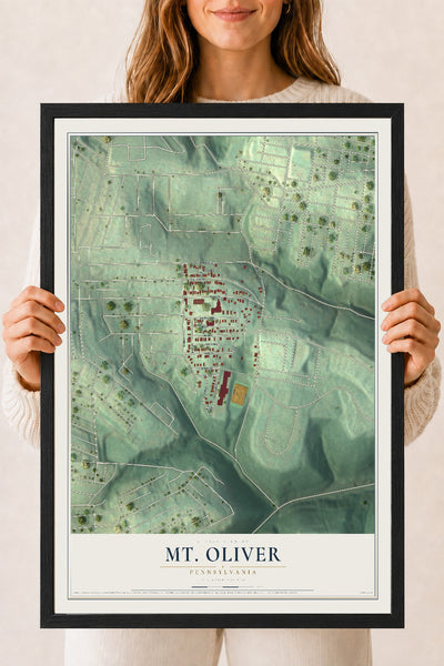 Map of Mt. Oliver, Pennsylvania, 18 x 24 inch print in a black wood frame