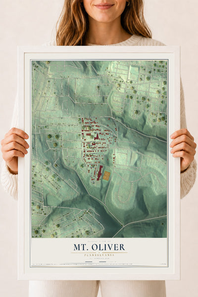 Map of Mt. Oliver, Pennsylvania, 18 x 24 inch print in a white wood frame