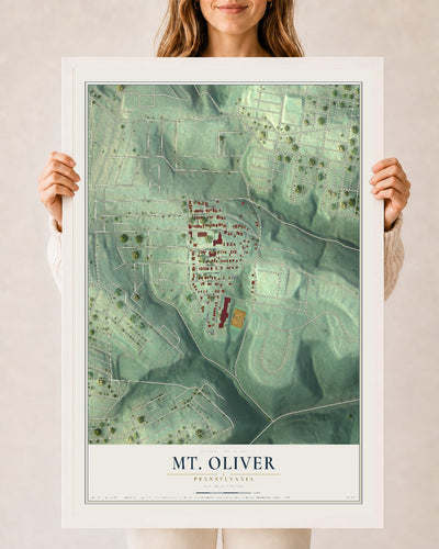 Map of Mt. Oliver, Pennsylvania, 24 x 36 inch print in a white wood frame