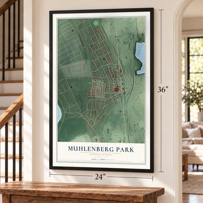 Muhlenberg Park, Pennsylvania map, 24 x 36 inch print in a black frame by a staircase