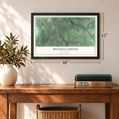 Mundys Corner, Pennsylvania map, 12 x 18 inch print in a black frame in an entryway