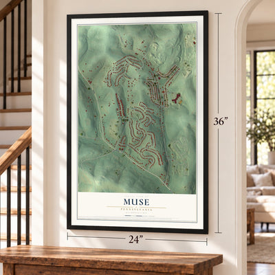 Muse, Pennsylvania map, 24 x 36 inch print in a black frame by a staircase