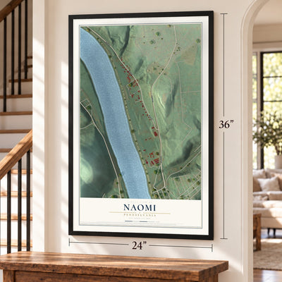 Naomi, Pennsylvania map, 24 x 36 inch print in a black frame by a staircase