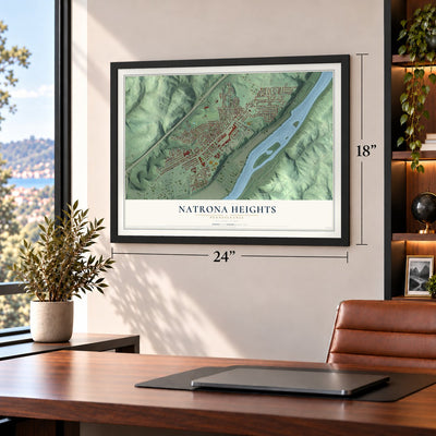 Natrona Heights, Pennsylvania map, 18 x 24 inch print in a black frame in a home office
