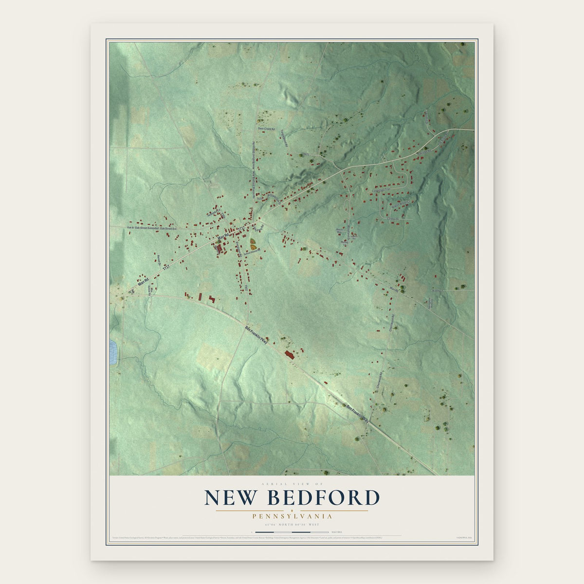 New Bedford, Pennsylvania map print, the full design