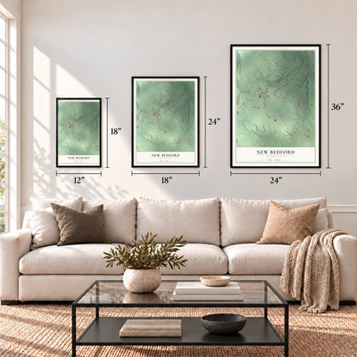 New Bedford, Pennsylvania map in 12 x 18, 18 x 24 and 24 x 36 inch sizes above a sofa