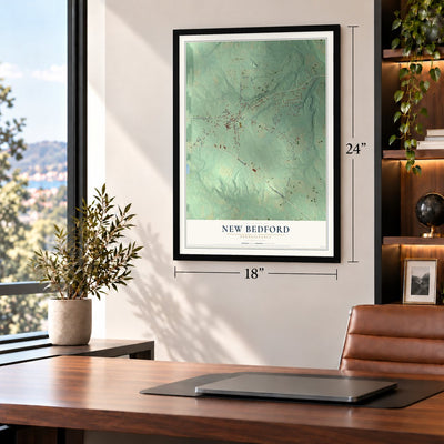 New Bedford, Pennsylvania map, 18 x 24 inch print in a black frame in a home office