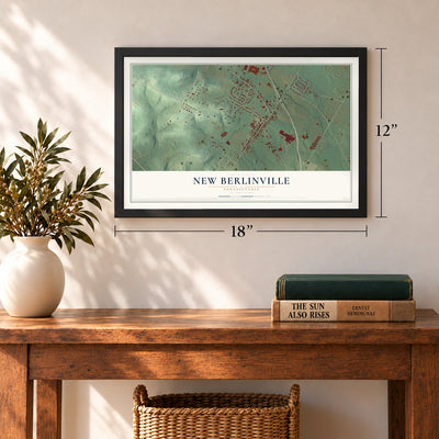 New Berlinville, Pennsylvania map, 12 x 18 inch print in a black frame in an entryway