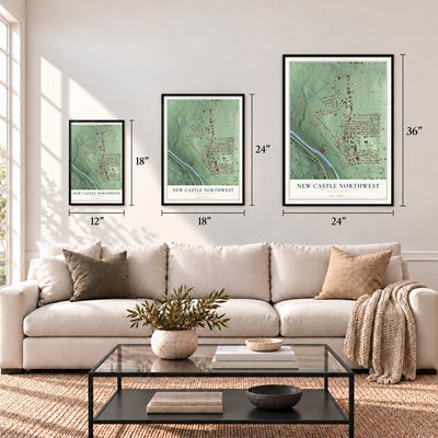 New Castle Northwest, Pennsylvania map in 12 x 18, 18 x 24 and 24 x 36 inch sizes above a sofa