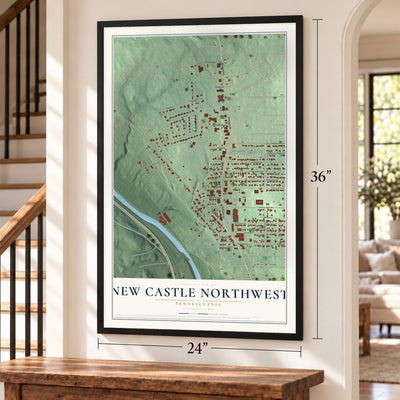 New Castle Northwest, Pennsylvania map, 24 x 36 inch print in a black frame by a staircase