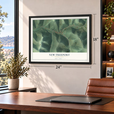 New Freeport, Pennsylvania map, 18 x 24 inch print in a black frame in a home office