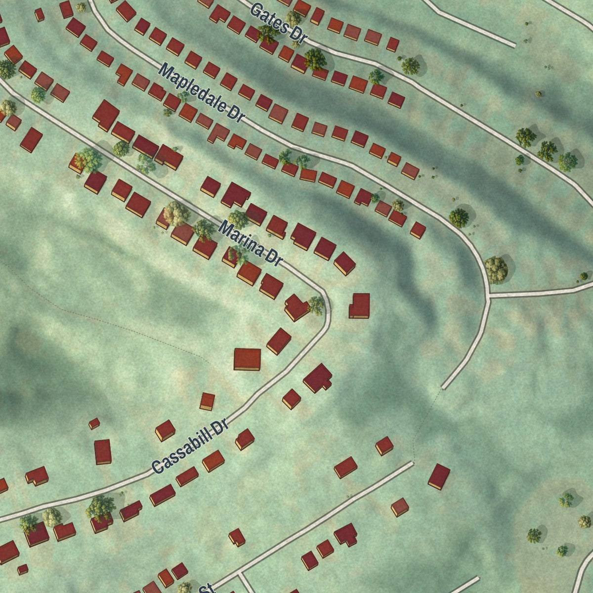 Close-up of the map of New Homestead, Pennsylvania print showing street and building detail