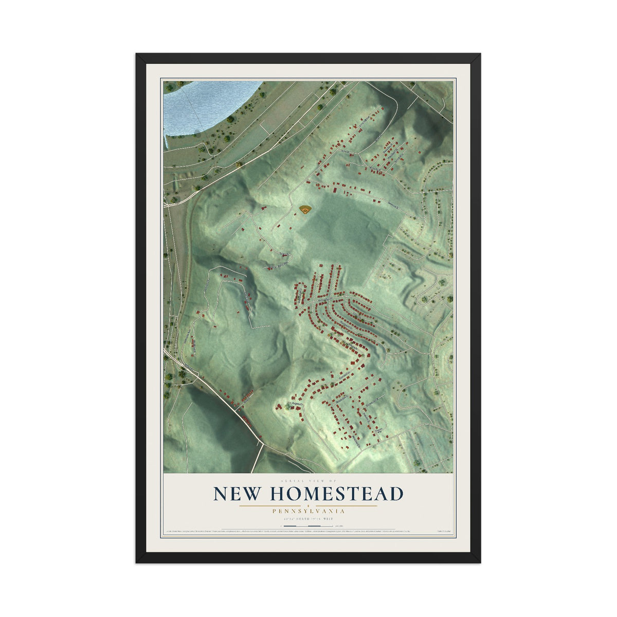 Map of New Homestead, Pennsylvania, 12 x 18 inch print in a black wood frame
