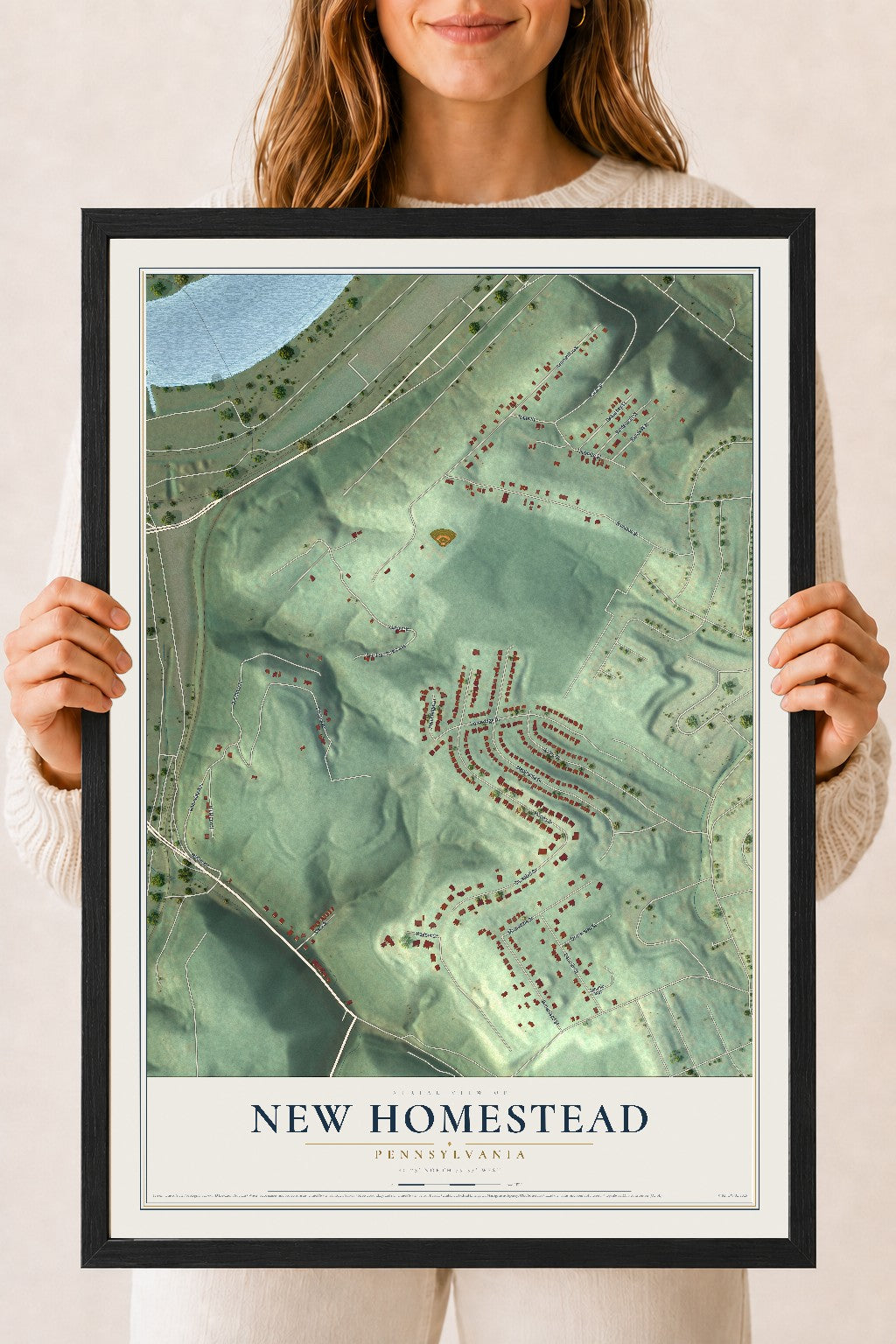 Map of New Homestead, Pennsylvania, 18 x 24 inch print in a black wood frame