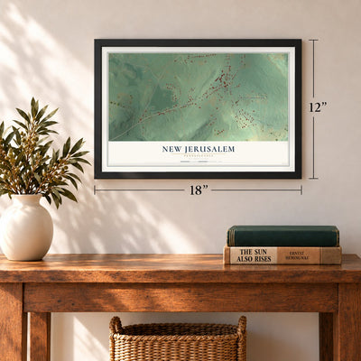 New Jerusalem, Pennsylvania map, 12 x 18 inch print in a black frame in an entryway