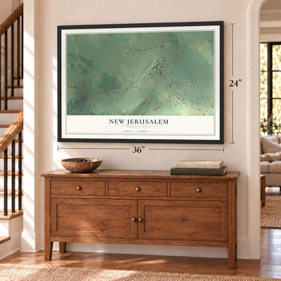 New Jerusalem, Pennsylvania map, 24 x 36 inch print in a black frame above a dresser by a staircase