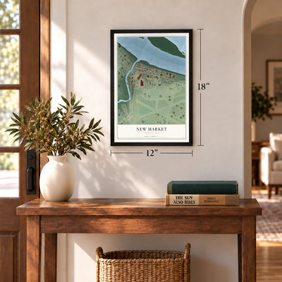 New Market, Pennsylvania map, 12 x 18 inch print in a black frame in an entryway